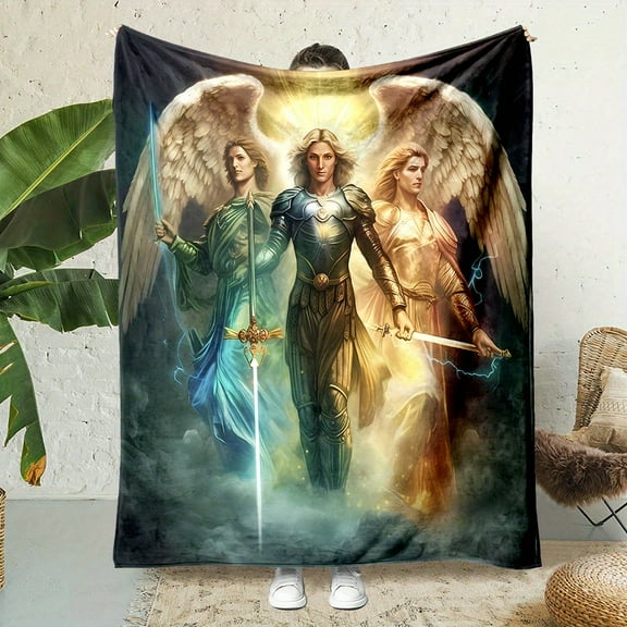 Angel-Themed Contemporary Flannel Throw Blanket, Reversible, All-Season, Digital Print Polyester, Non-Woven Craftsmanship, with Cartoon Winged Angels Pattern