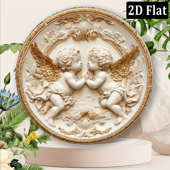 Angel-Themed Round Wall Art, 8x8 Inch Vintage-Inspired Decor with Cherubs and Floral Motifs, Perfect for Home, , or Living Room Ideal Gift for Father'S Day.