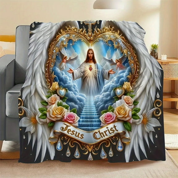 Angel-Themed Soft Knit Flannel Blanket All-Season Multi-Purpose for Home & Travel Vibrant Digital Print with Heavenly Angel & Golden Heart Design
