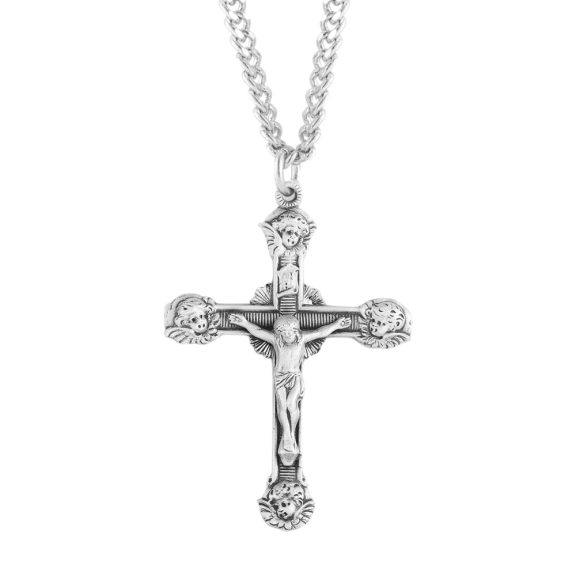 Angel Tipped Sterling Silver Crucifix Pendant Necklace with Angel Tips on 24" Rhodium Plated Stainless Steel Chain Made in USA- Deluxe Velvet Gift Box Included
