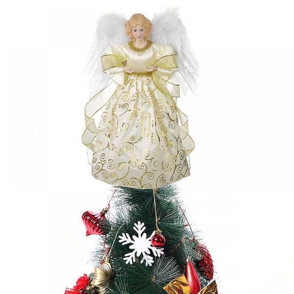 Angel Tree Topper with Feather Wings and Skirt, Christmas Tree Topper with LED Light for Tree Toppers Holiday Ornament Decorations