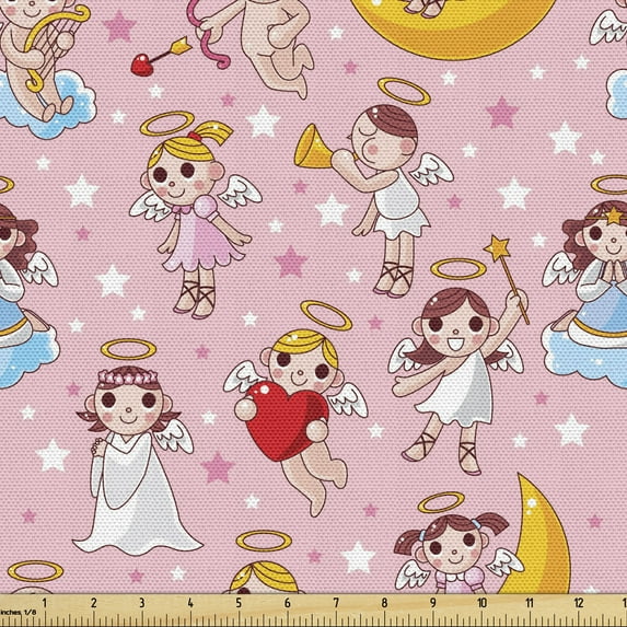 Ambesonne Cartoon Fabric by the Yard Upholstery, Fairies Music Cheerful Art, 5 Yards, Earth Yellow and Pale Pink