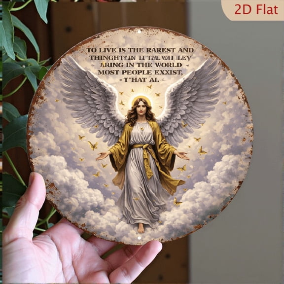 Angel Wall Art Rustic Metal Round Sign 8x8 Inch Decorative Aluminum Plaque for Home Decor