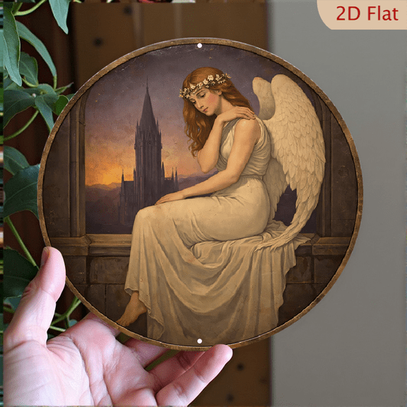 Angel Wall Art, Serene Guardian Circular Metal Print, 8x8 Inch Decorative Aluminum Gothic Cathedral Wall Decor for Home Living Room