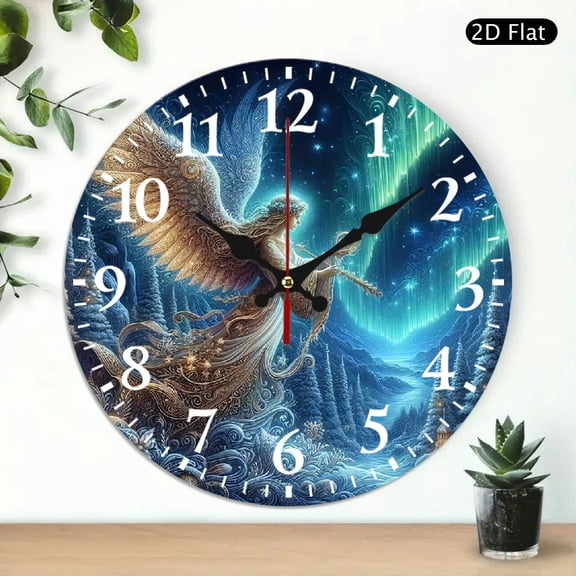 Angel Wall Clock with Northern Lights and Winter Forest Design, Round 10x10 Inch Decorative Analog Clock for Home Decor, 1pc, Battery Not Included