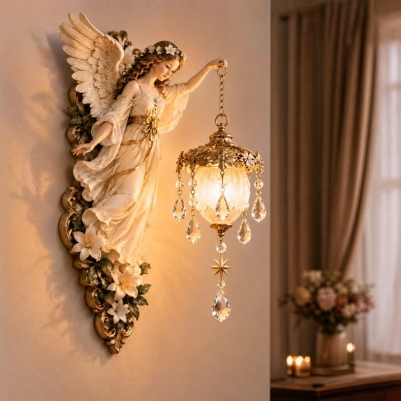 Angel Wall Decor Light, European Retro 3D Relief Angel Wall Sconce Lamp with Hanging Crystal, Elegant Resin Art Wall Sculpture for Bedroom Living Room Entryway Decor