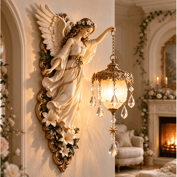 Angel Wall Lamp, Classic European Angel Sculpture Wall Light, Floral Embossed Frame, Shimmering Crystal Drops, Battery Operated Fairy Night Lamp for Hallway, Bedroom, Decor Wall