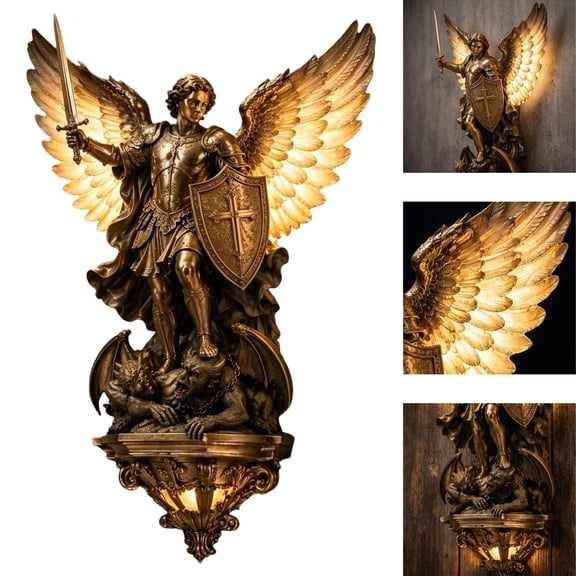 Angel Wall Sconce Light,Premium Resin Bronze Michael Statue, Catholic Religious Home Decor with Warm LED Bulbs for Bedroom Living Room Hallway