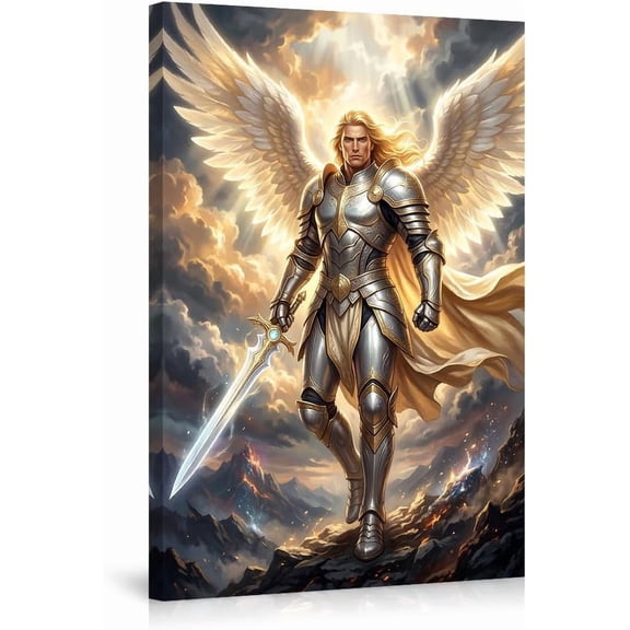 Angel Warrior Canvas Wall Art Divine Archangel Knight Golden Armor Wings Epic Fantasy Artwork for Living Room Bedroom Decor Inspirational Religious Wall Decor Pictures