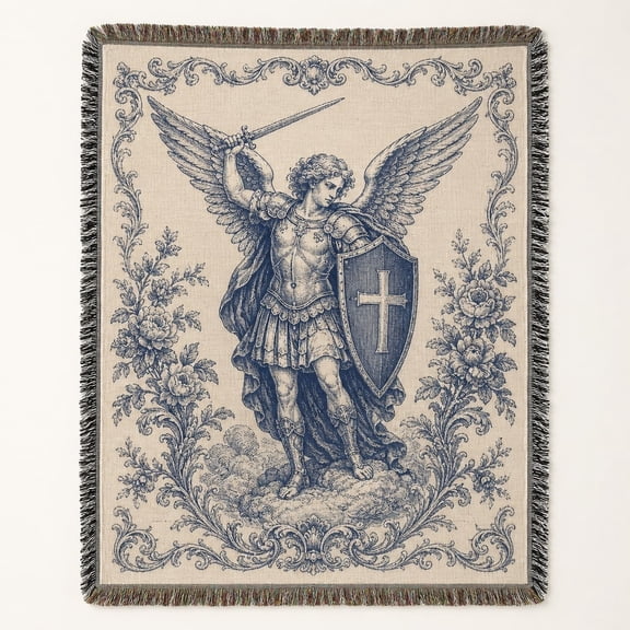 Angel Warrior Woven Cotton Throw Blanket with Fringe, Religious Home Decor
