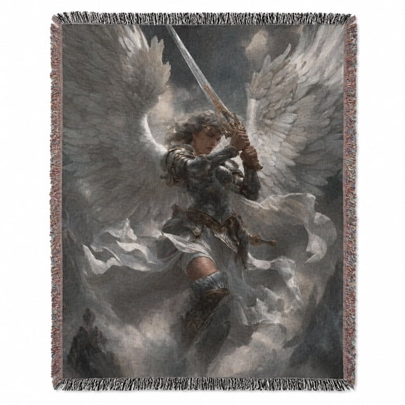 Angel Warrior Woven Cotton Throw Blanket with Fringed Edges | Spiritual Fantasy Art | 3 Sizes