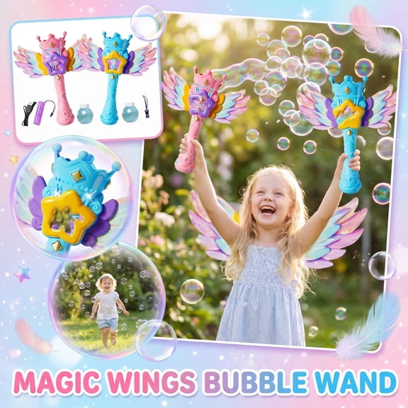 Angel Wing Bubble Machine, Automatic Fairy Bubble Blower Wand with Dreamy Wing Design and Continuous Bubble Output, Plastic Electric Bubble Maker with 50ml Bubble Solution (2PCS)