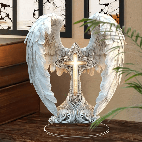 Angel Wing Cross Figurine, Spiritual Religious Home Decor, Intricate Resin Cross Angel Statue for Desk, Bedroom, Living Room Faith Corner (White)