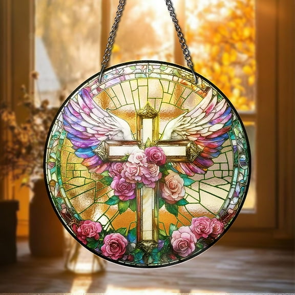 Angel Wing Cross Stained Glass Suncatcher – Christian Memorial Window Hanging with Roses, Religious Gift for Loss, Spiritual Home Decor