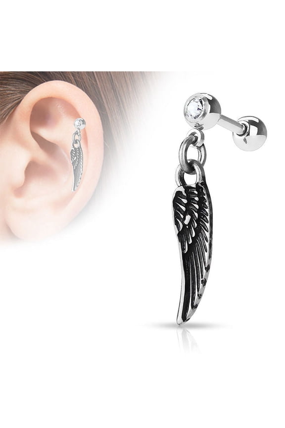 Angel Wing Dangling 16ga Cartilage Barbell with CZ Gem