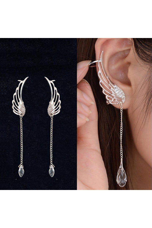 Angel Wing Earrings, Crystal Drop Dangle Ear Clip Cuff, Alloy Rhinestone Fashion Jewelry Gift 10cm Elegant Design