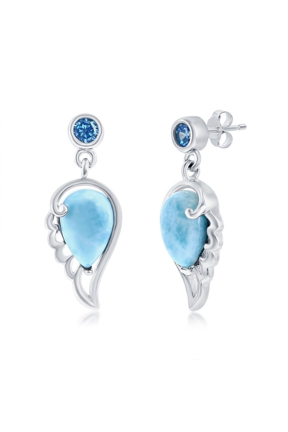 Angel Wing Earrings for Women - Natural Larimar Earrings for Women - Angel Earring for Women - Wings Jewelry for Women - Gemstone Earrings with Wings - Angel Wings Earrings Silver & Larimar