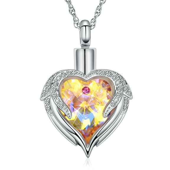 Angel Wing & Heart Cremation Jewelry for Ashes Pendant - Crystal Heart Urn Necklace with Mini Keepsake Urn Memorial Ash Jewelry