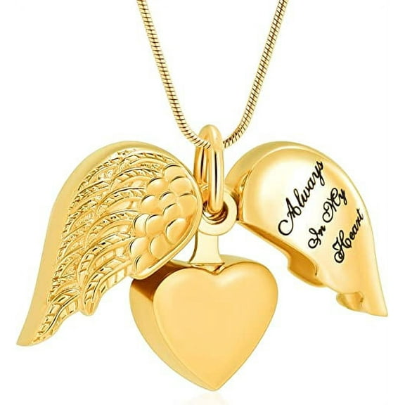 Angel Wing Heart Urn Necklace for Ashes Forever in My Heart Pendant Cremation Necklace Stainless Steel Ashes Jewelry for Dad Mom Papa Husband Wife Ashes Pendant