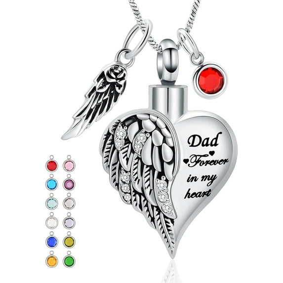 Angel Wing Heart Urn Necklace for Ashes for Women Men Family Ashes Keepsake Necklace of Loved One with 12 Birthstones