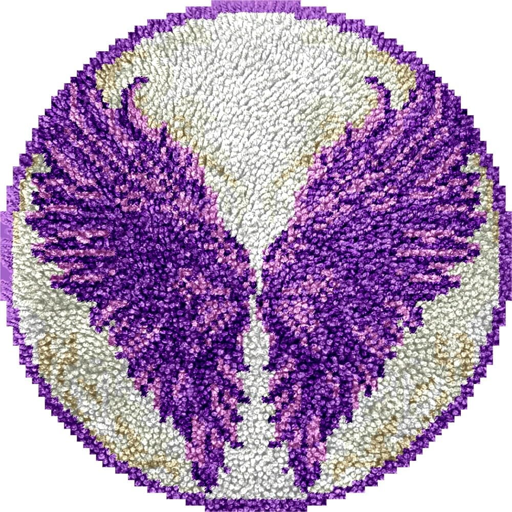 Angel Wing Latch Hook Round Rug Kits Set for Starter Crochet Handmade Hooking Cushion Mat Sofa Seat Cushion Crocheting Kits with Preprinted Canvas Crochet Yarn Kits 50X50CM (r83)