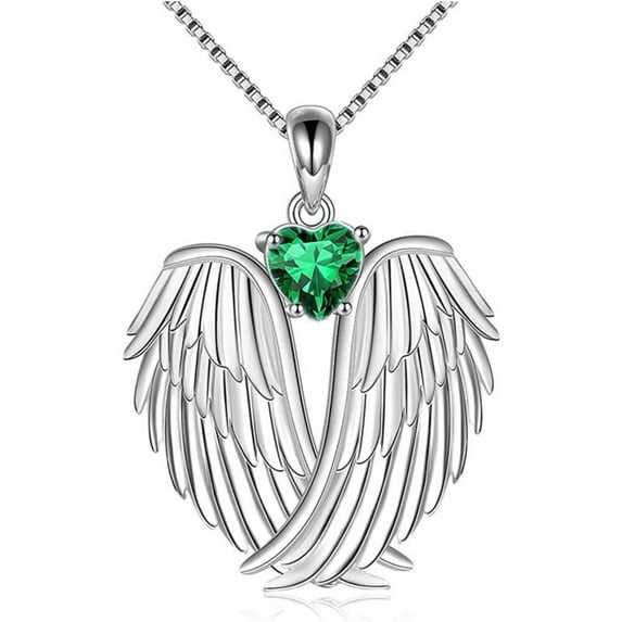 Angel Wing Necklace for Women - 925 Sterling Silver Guardian Pendant Birthstone Jewelry | Adjustable 18"+2" Chain | Hypoallergenic Gift for Mom Wife Girlfriend (Green)
