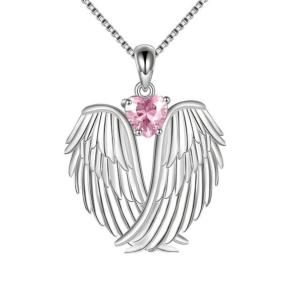 Angel Wing Necklace for Women - 925 Sterling Silver Guardian Pendant Birthstone Jewelry | Adjustable 18"+2" Chain | Hypoallergenic Gift for Mom Wife Girlfriend (Pink)