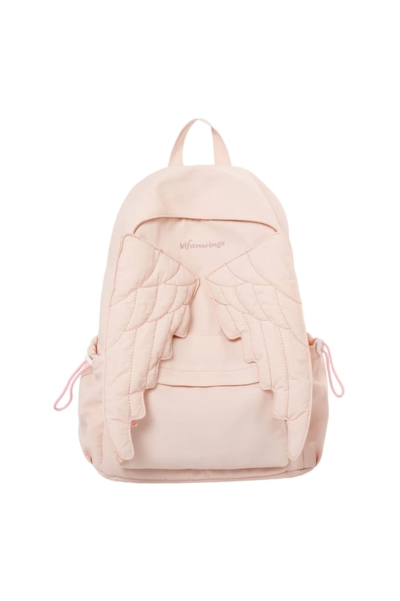 Angel Wing Nylon Daypack for Women, Cute Large Capacity Lolita Travel Knapsack with Zipper for Women( Pink)