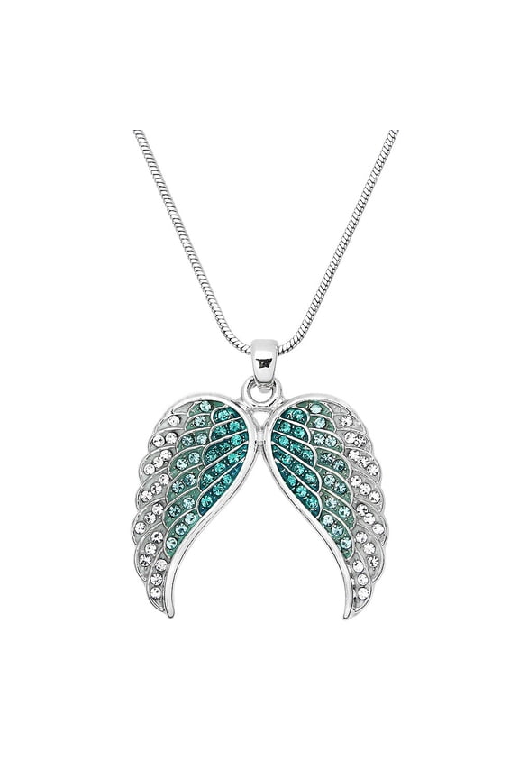 Angel Wing Pendant Necklace or Earring Aqua Clear Rhinestone Crystal Rhodium Plated 17 Inch Snake Chain J0317-AQ