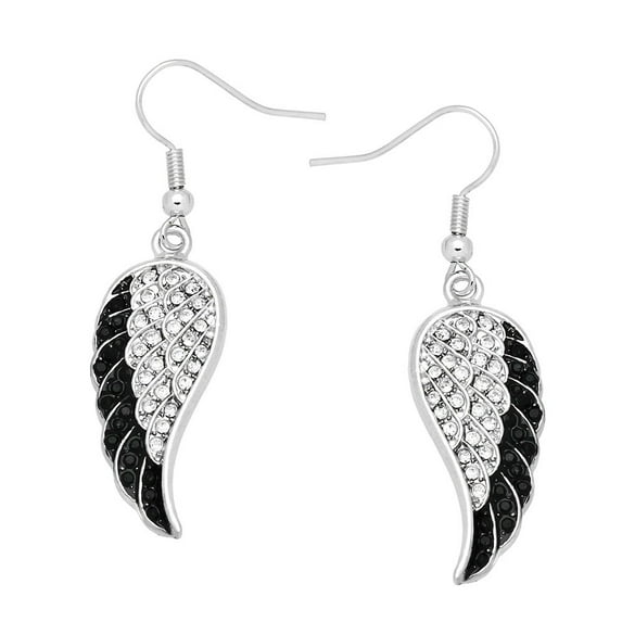 Angel Wing Pendant Necklace or Earring Black Clear Rhinestone Crystal Rhodium Plated 17 Inch Snake Chain E0181-BK