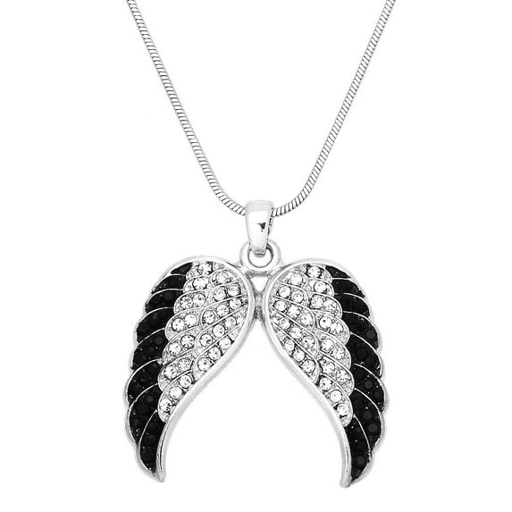 Angel Wing Pendant Necklace or Earring Black Clear Rhinestone Crystal Rhodium Plated 17 Inch Snake Chain J0317-BK