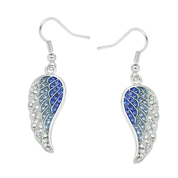 Angel Wing Pendant Necklace or Earring Blue Clear Rhinestone Crystal Rhodium Plated 17 Inch Snake Chain E0181-BL