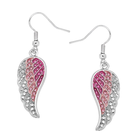 Angel Wing Pendant Necklace or Earring Pink Clear Rhinestone Crystal Rhodium Plated 17 Inch Snake Chain E0181-PK