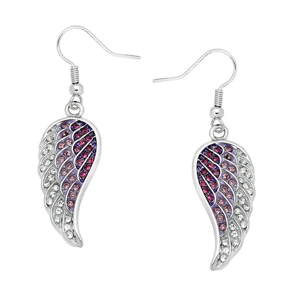 Angel Wing Pendant Necklace or Earring Purple Clear Rhinestone Crystal Rhodium Plated 17 Inch Snake Chain E0181-PP