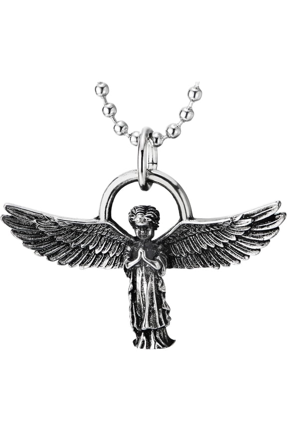 Angel Wing Premium Guardian Pendant Necklace, Steel Vintage, 24 In Chain, Spiritual Jewelry, Memorial[d891]