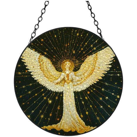 Angel with Wing and Stars Stained Glass Suncatcher Handmade Window Hanging Colored Glass Suncatcher Crafts Kits for Indoor Garden Decor Memorial Gift 16x16cm