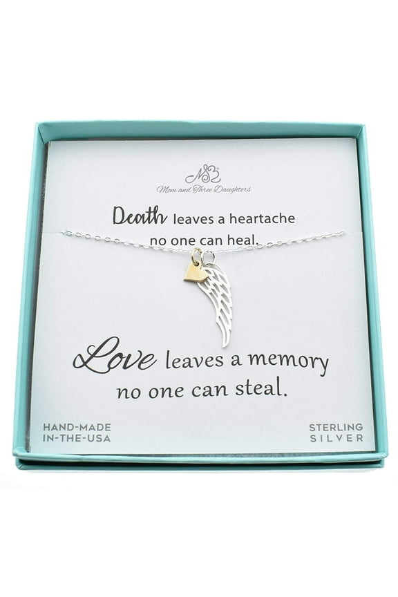 Angel Wing necklace on an 18" sterling silver cable chain, accented w/a tiny bronze heart. Angel wing necklace. Bereavement gift. Bereavement Jewelry.