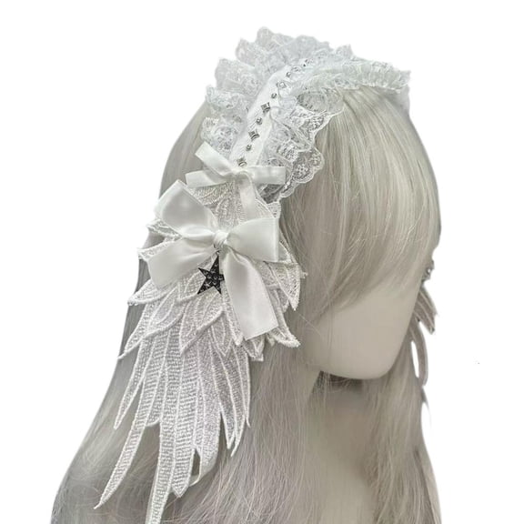 Angel WingAn1meLace Headband with Bowknot and Star Pendant For Women and Girl All Age Headwrap For Special Occasion