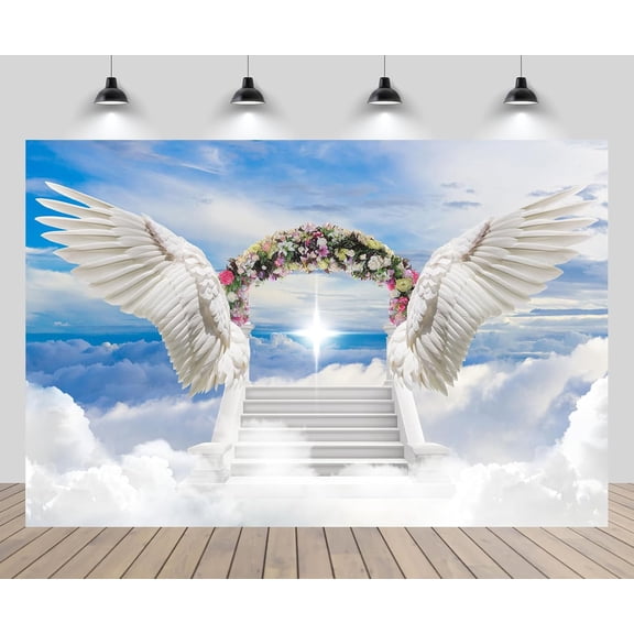 Angel Wings Backdrop Blooming Flowers Arch Door Stairs to Heaven Background Holy Light Clouds Blue Sky Church Party Decorations Banner Supplies Photo Booth Props