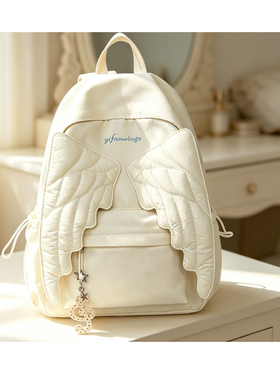 Angel Wings Backpack for Women, Cute Y2K Nylon Daypack for Travel (Music Note Charm Style)