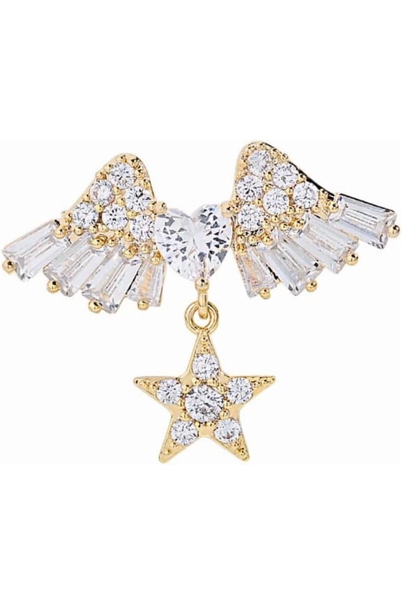 Angel Wings Brooch Pin for Women Cubic Zirconia Heart and Star Dangle Lapel Pin Badge Corsage for Wedding Banquet Party Clothes Accessory Jewelry