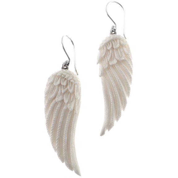 Angel Wings Buffalo Bone Hand Carving 925 Sterling Silver Earrings, 1 5/8"