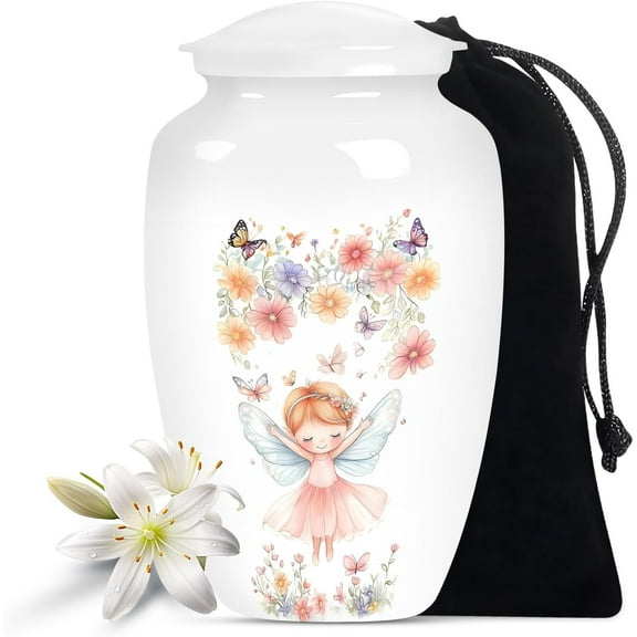 Angel Wings Child Urn for Ashes - Memorial Urn with Floral Fairy Design - 10-Inch Metal Cremation Urn with Velvet Bag - Elegant Keepsake for Infant or Small Child's Remembrance (Pack of 1, Large)