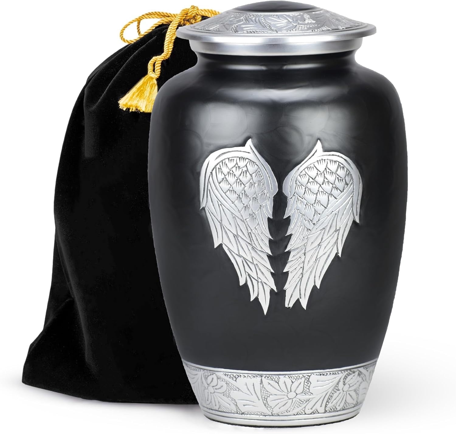 CRAFT INDIA Large Black Angel Wings Cremation Urn for Adult Human Ashes with Velvet Bag