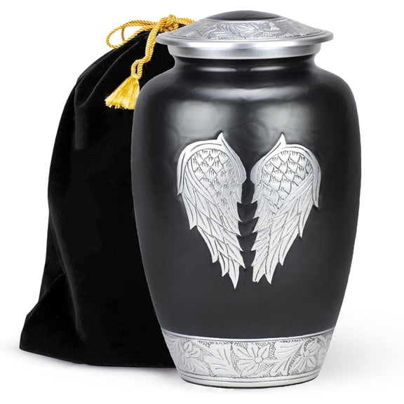 CRAFT INDIA Large Black Angel Wings Cremation Urn for Adult Human Ashes with Velvet Bag