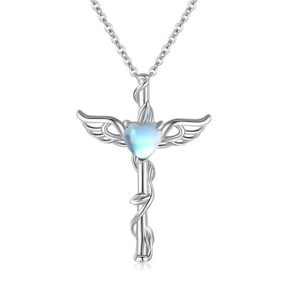 Angel Wings Cross Necklace – Women’s Heart Pendant with Simulated Moonstone
