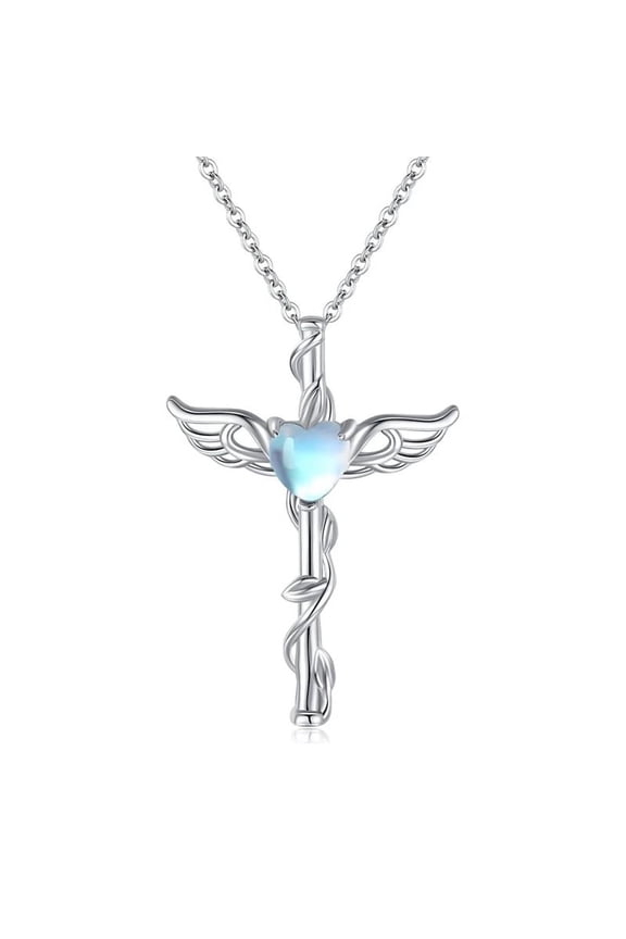 Angel Wings Cross Necklace Womens Heart Pendant with Simulated Moonstone