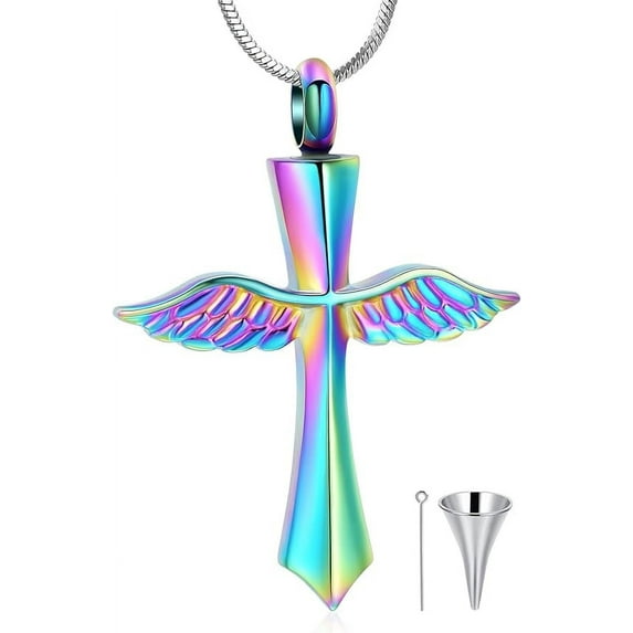 Angel Wings Cross Urn Necklace Cremation Jewelry for Ashes Stainless Steel Cross Urn Keepsake Memorial Urn Pendant Necklace