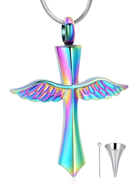 Angel Wings Cross Urn Necklace Cremation Jewelry for Ashes Stainless Steel Cross Urn Keepsake Memorial Urn Pendant Necklace