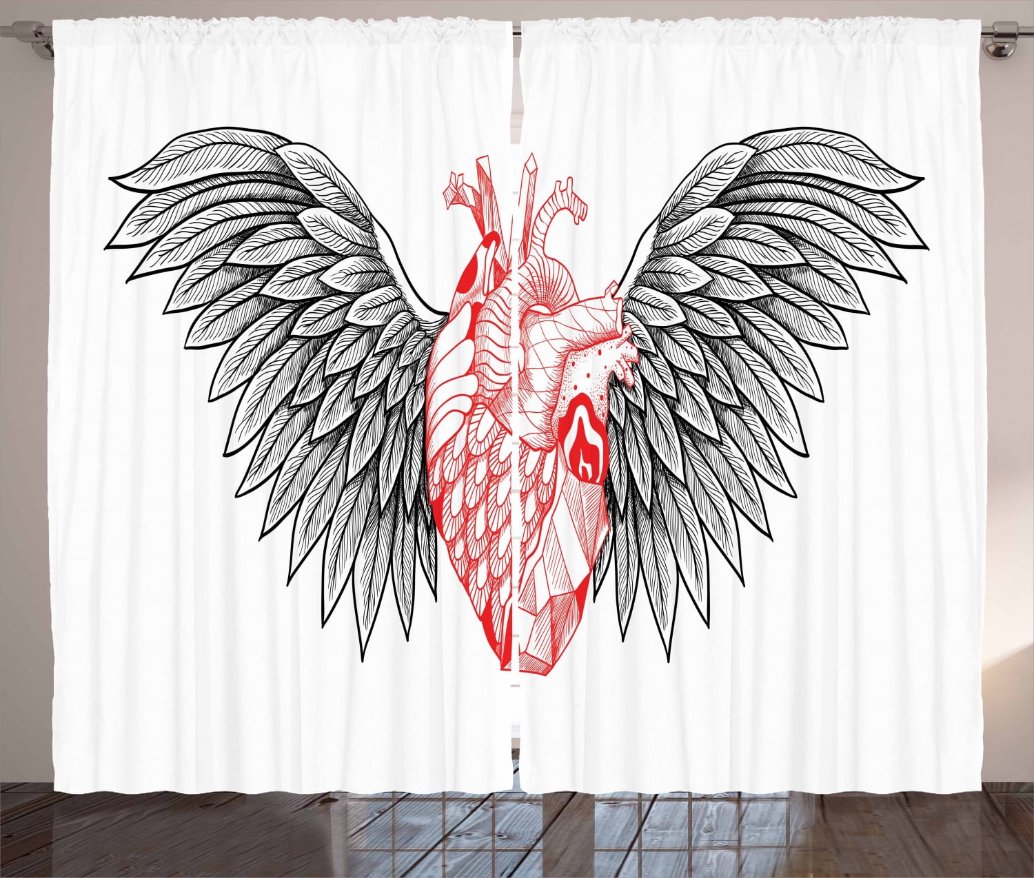 Angel Wings Curtains 2 Panels Set, Heart with Wings Anatomy of Love ...